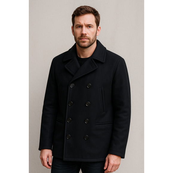 J.Crew Men’s Wool Blend Peacoat Black Size L Classic Double-Breasted Coat - Picture 1 of 5